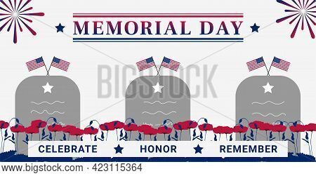 Usa Memorial Day Greeting Card With A Tomb, A Flag, Poppy And Firework.
