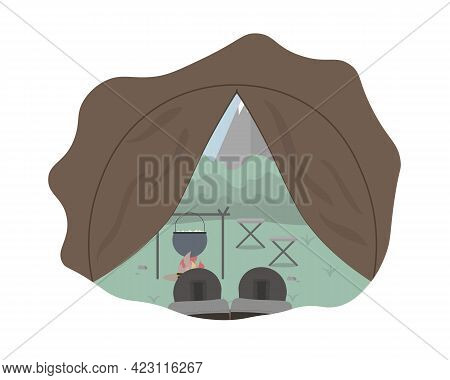 View From Inside The Tourist Camping Tent In The Forest And Mountains With Boots. Local Vacation. Co