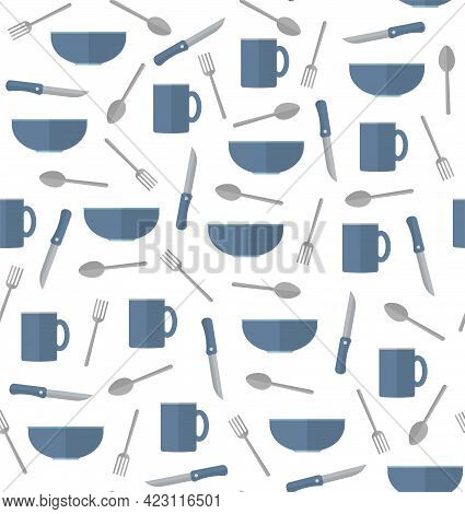 Seamless Vector Pattern With Cutlery. Fork, Spoon, Knife, Bowl And Mug On White Background. Perfect 
