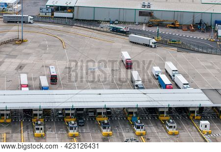 Dover, United Kingdom, September 20 2013: Trucks On Dover Docks Station At The Harbor Before The Cus