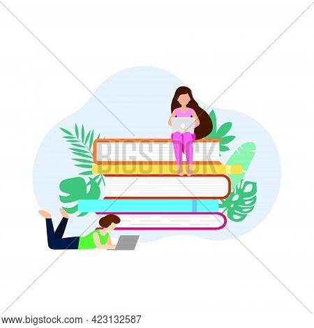 Tiny Womans On Stack Of Books Flat Vector Stock Illustration. Online Education And Library Concept