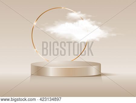 3d Platform Studio Display Minimal Scene, Gold Round Frame And Fluffy Cloud. Studio Blue Pedestal Fl