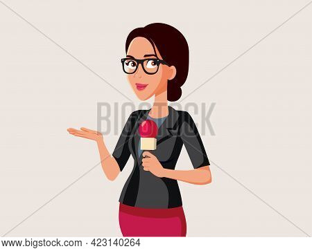 Female Tv Reporter Holding A Microphone Vector Illustration