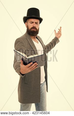 Literary Criticism. Faced With Senseless Drama. Eloquence And Diction. Bearded Man Read Book. Poetry