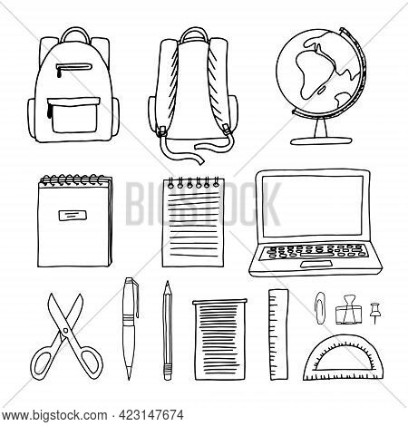 Hand Drawn Doodle Sketch Style Vector Illustration Of Of School And Office Supplies Around A Backpac