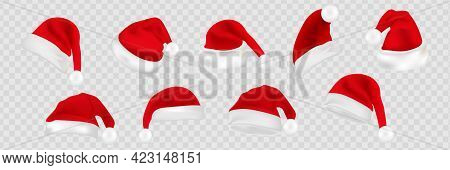 Big Set Of Realistic Santa Hats Isolated On Transparent Background. Vector Santa Claus Hat Colllecti