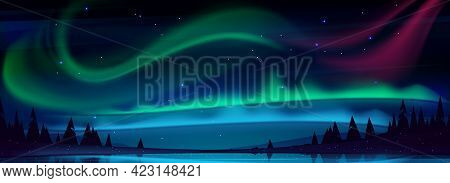 Arctic Aurora Borealis Over Night Lake In Starry Sky, Polar Lights Natural Landscape. Northern Amazi