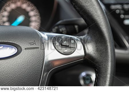 Novosibirsk, Russia - June 08, 2021: Ford Kuga, New Black Steering Wheel With Multifunction Buttons 
