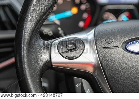 Novosibirsk, Russia - June 08, 2021: Ford Kuga, New Black Steering Wheel With Multifunction Buttons 