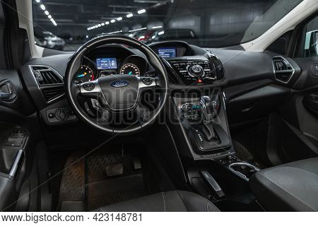 Novosibirsk, Russia - June 08, 2021: Ford Kuga, Car Interior With Dashboard, Steering Wheel, Speedom