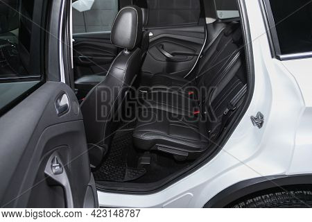 Novosibirsk, Russia - June 08, 2021: Ford Kuga, Close-up Of The Black  Rear Seats With Seats Belt.