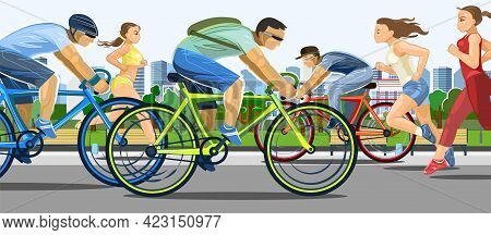 The Girls Are Running. Guys Ride Bicycles. Urban Sports. Fitness And Healthy Lifestyle. Flat Cartoon