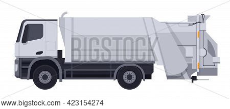 Garbage Truck With White Body In Side View. Ecology, Dump Recycling Business. Flat Vector Illustrati