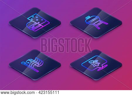 Set Isometric Line Burger, American Flag, Barbecue Grill And Eagle. Blue Square Button. Vector