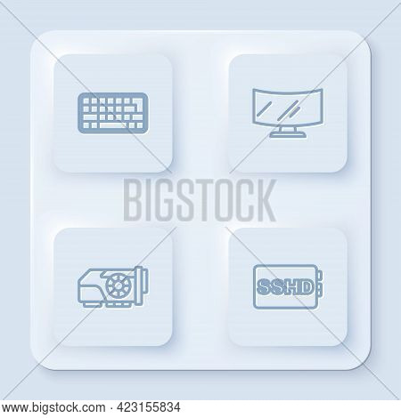 Set Line Keyboard, Computer Monitor Screen, Video Graphic Card And Sshd. White Square Button. Vector