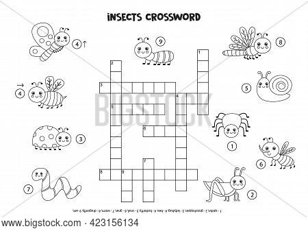 Black And White Insect Crossword Puzzle For Kids. Educational Game For Children.