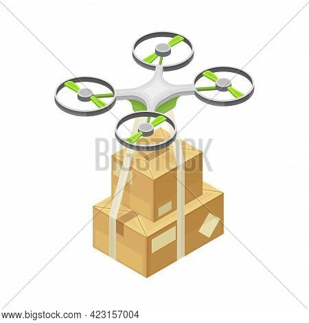 Drone Flying With Cardboard Box As Parcel Delivery And Logistics From Warehouse Isometric Vector Ill