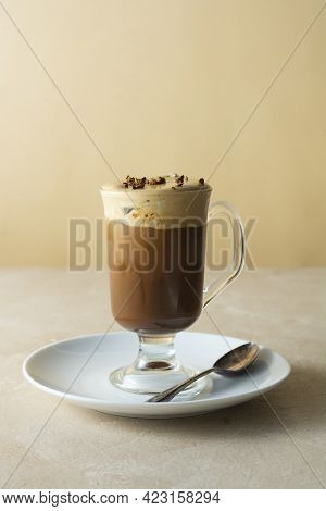 Coffee Cold Drink Glass Cup With Ice Cream, Bright Background