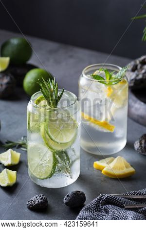 Hard Seltzer Cocktails With Lime And Lemon And Bartenders Accessories