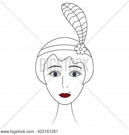 Woman's Face In Retro Style. Sketch. The Head Of A Lady From 1920. Vector Illustration. Short Hair, 