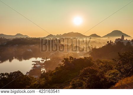 Mount Abu And Nakki Lake Aerial Panoramic View At Sunset. Mount Abu Is A Hill Station In Rajasthan S