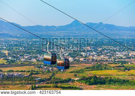 Cable Car From Pushkar Town To Savitri Mata Temple Aerial Panoramic View In Rajasthan State Of India