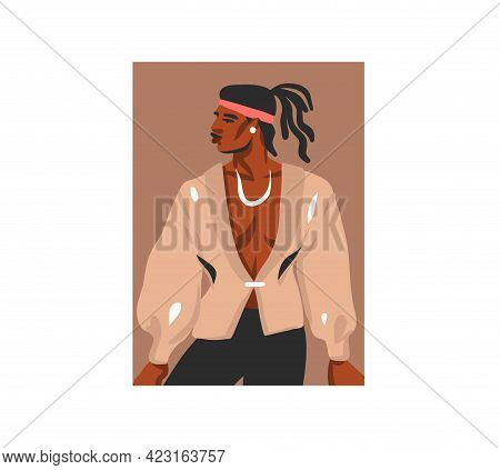 Hand Drawn Vector Flat Abstract Stock Graphic Illustration With Young Happy, In Summer Outfit, Afric