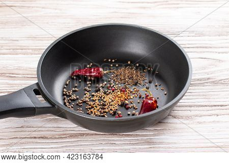 Spices In A Pan . Chicken Kadhai. Indian Spicy Chicken Curry. Cooking Step By Step