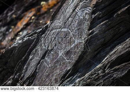 Petroglyph Tomsk pisanitsa. Rock paintings from bank of Tom River, Kemerovo region, Russia