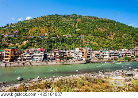 Beas River Near Kullu Town Aerial Panoramic Landscape, Kullu Valley In Himachal Pradesh State In Ind