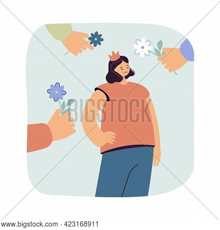 Woman Refusing Courtship Vector Illustration. Woman In Crown Saying No To Men Holding Flowers. Arrog