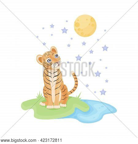 Cute Bright Children S Illustration. Baby Tiger Cub Sits On The Grass Near The Pond And Dreamily Loo