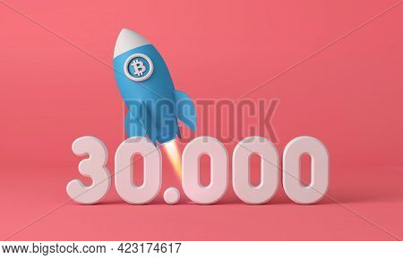 Bitcoin Cryptocurrency Rocket Taking Off To 30, 000 Price Point. 3d Rendering