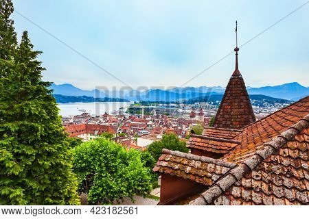 Lucerne City Aerial Panoramic View. Lucerne Or Luzern Is A City In Central Switzerland.