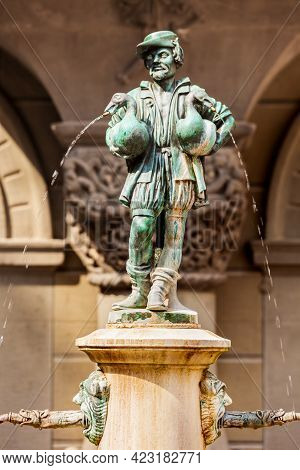 The Little Goose Man Fountain At Hirschenplatz Main Square In Lucerne Or Luzern City In Central Swit