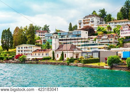 Beauty Houses In Weggis. Weggis Is A Town On The Northern Shore Of Lucerne Lake In The  Luzern Canto