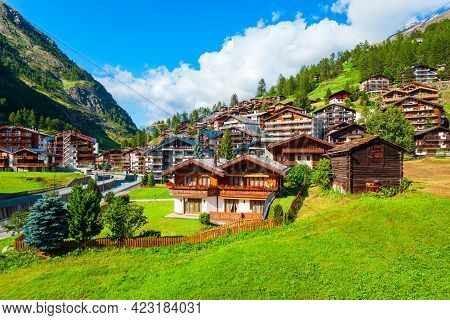 Traditional Local Houses In The Centre Of Zermatt Town In The Valais Canton Of Switzerland
