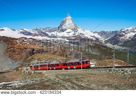 Train Near The Gornergrat Bahn Railway, A Mountain Rack Railway Near Zermatt Town In The Valais Cant