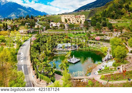 Aerial View Of The Trauttmansdorff Castle Gardens, A Botanical Gardens Located In Merano City In Nor