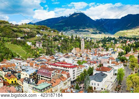 Merano City Centre Aerial Panoramic View. Merano Or Meran Is A Town In South Tyrol In Northern Italy