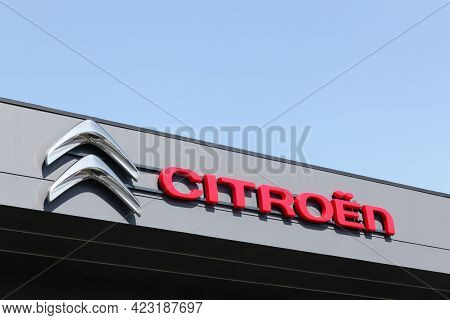 Odder, Denmark- April 18, 2021: Citroen Logo On A Facade Of A Dealer Citroen Is A Major French Autom