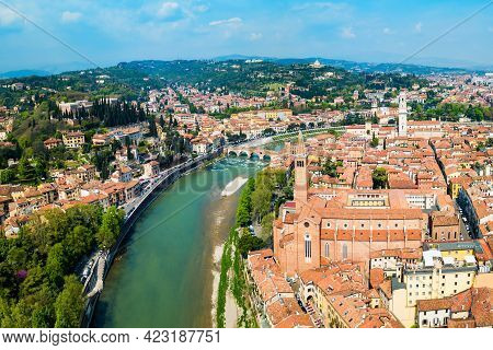 Santa Anastasia Church And Verona Cathedral Aerial Panoramic View In Verona, Veneto Region In Italy