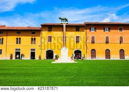 The Capitoline Wolf Or Lupa Capitolina Is A Bronze Sculpture Near The Pisa Leaning Tower At Piazza D