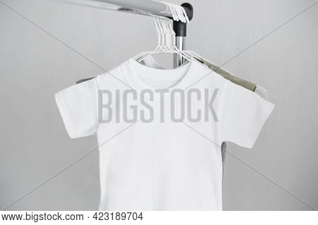 White Tshirt Mockup On The Hanger. Template, Kid, Child Shirt, Summer Clothes Mock Up.