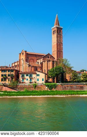 Santa Anastasia Church And Adige River In Verona, Veneto Region In Italy