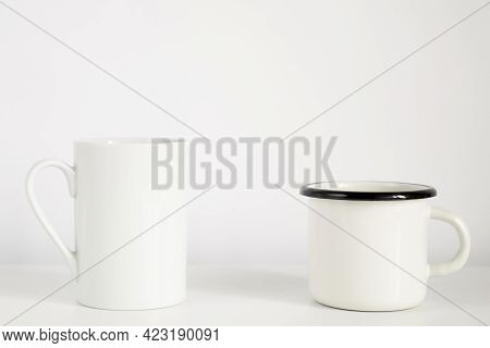 White Cup, Mug On White Background. Coffee Mockup With Copy Space.
