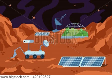 Red Planet Colonization Human Space Base. Science Station On Mars Landscape And Dome Building, Mount