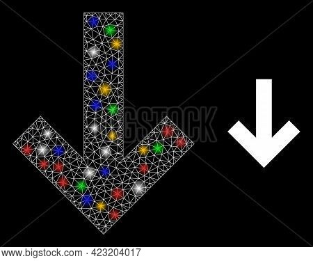 Glowing Mesh Network Down Direction Arrow With Vibrant Glowing Spots. Illuminated Vector Mesh Create