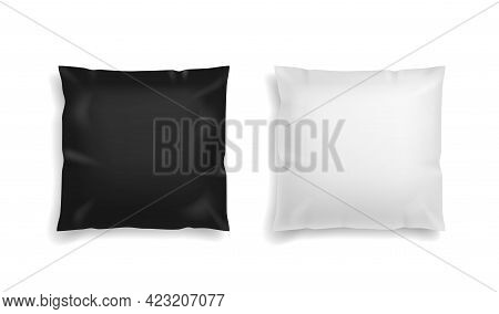 Pillow Black And White. Realistic Comfort Orthopedic Square Soft Pillows Mockup. Textile Cushion For