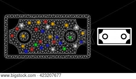 Glare Mesh Net Banknote Template With Colorful Lightspots. Constellation Vector Carcass Created From
